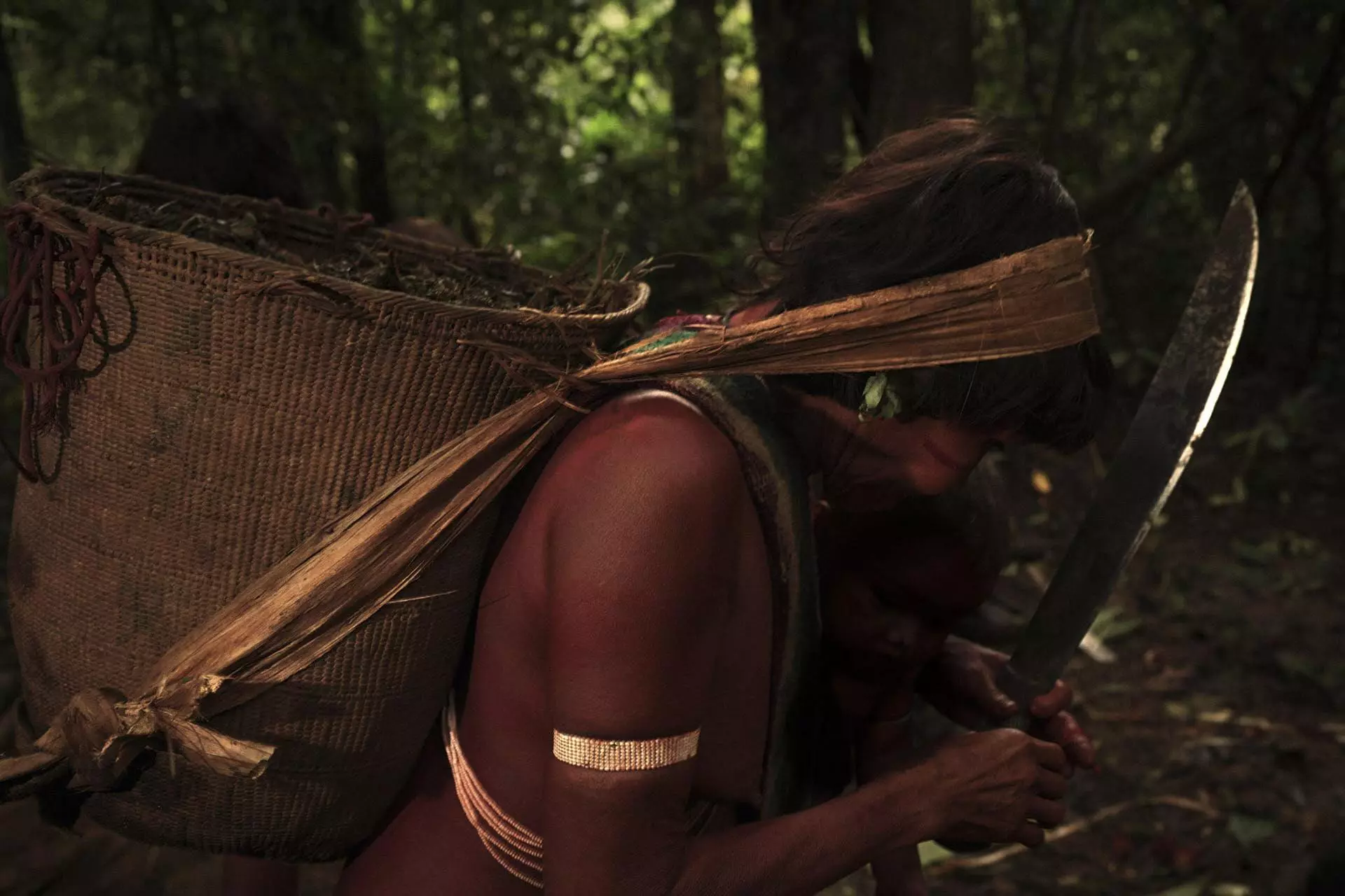 Mulher Yanomami carrega um cesto com folhas de timbó e um facão.